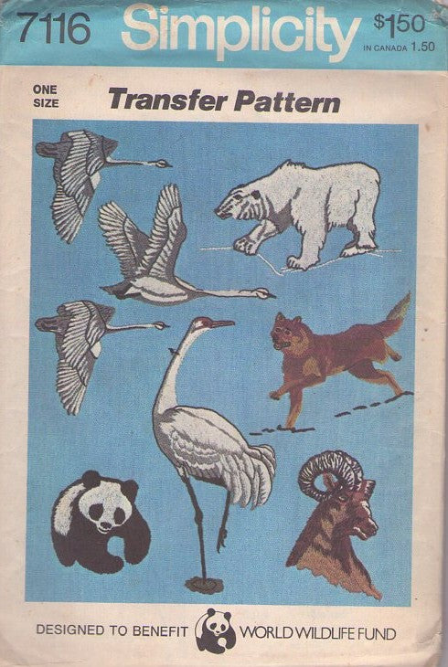 Simplicity 7116 Vintage 70's Sewing Pattern Animal Crafts, Wild World Wildlife Fund Embroidery Transfers Yellow Wax, Endangered Species Animals Crane, Panda, Eagle, Tiger MORE GOOD ENVELOPE