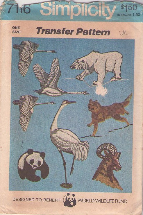 Simplicity 7116 Vintage 70's Sewing Pattern Animal Crafts, Wild World Wildlife Fund Embroidery Transfers Yellow Wax, Endangered Species Animals Crane, Panda, Eagle, Tiger MORE TORN TOP ENVELOPE