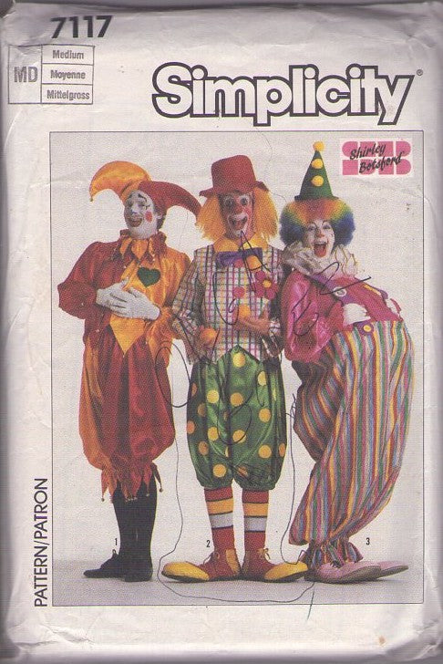 Simplicity 7117 Vintage 80's Sewing Pattern Clown Costumes, Designs by Shirley Botsford, Circus Clowns, Jester Hat, Shirts, Pants, Hat, Ruffle, Bow, Suspender Jumpsuit Size Adult M