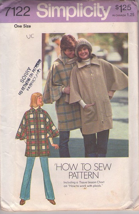 Simplicity 7122 Vintage 70's Sewing Pattern Poncho, Capes, Winged Arms Front Zipper Poncho Cape Jacket One Size