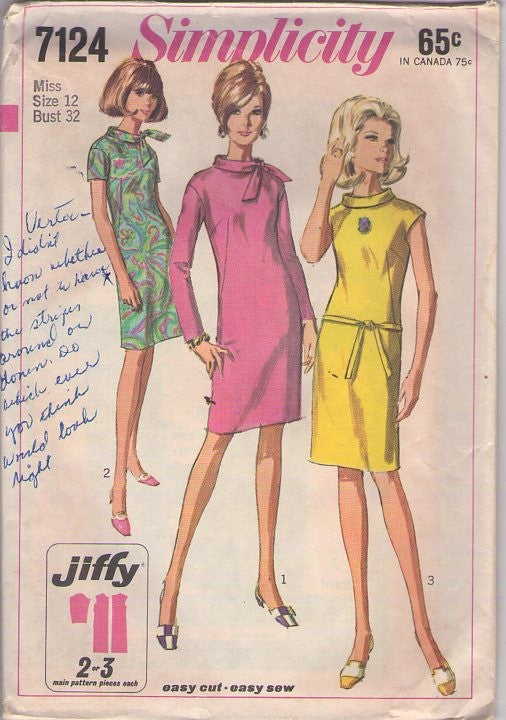 Simplicity 7124 Vintage 60's Sewing Pattern Easy Mod Dresses, Jiffy Dart Fitted Shift Dress, Roll or Tie Collar 3 Styles Size 12