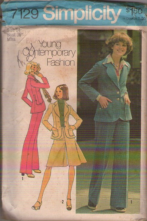 Simplicity 7129 Vintage 70's Sewing Pattern Pantsuit Separates, Young Contemporary Fashion Annie Hall Shaped Sides Blazer Jacket Top, Pants Size 14