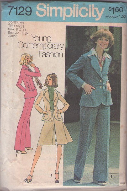 Simplicity 7129 Vintage 70's Sewing Pattern Pantsuit Separates, Young Contemporary Fashion Annie Hall Shaped Sides Blazer Jacket Top, Pants Size 9-11