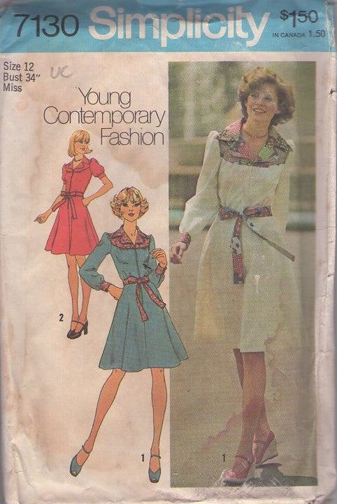 Simplicity 7130 Vintage 70's Sewing Pattern Retro Dress Set, Waitress Puff Sleeve Look or Zipper Front Contrast Yoke, Belt & Wristbands Flared Skirt Dress Size 12 UNCUT