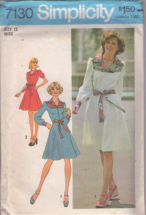 Simplicity 7130 Vintage 70's Sewing Pattern Retro Dress Set, Waitress Puff Sleeve Look or Zipper Front Contrast Yoke, Belt & Wristbands Flared Skirt Dress Size 12 CUT