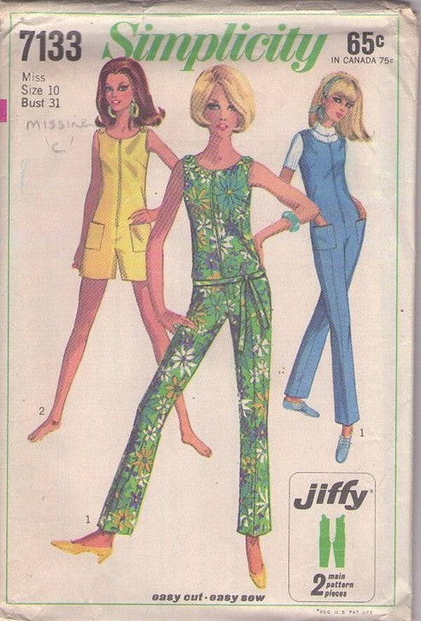 Simplicity 7133 Vintage 60's Sewing Pattern Jiffy Jumpsuits, Mod Front Zipper Shoulder Buttons Summer Romper, Playsuit, Slim Leg Catsuit, Jumpsuit Size 10