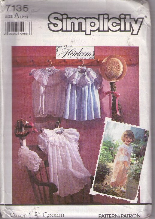 Simplicity 7135 Vintage 90's Sewing Pattern Girl's Fancy Dresses, Classic Heirloom by Oliver Goodin Victorian Style, Ruffled Neck, Flared Dress, Romper, Bonnet Size 1-4