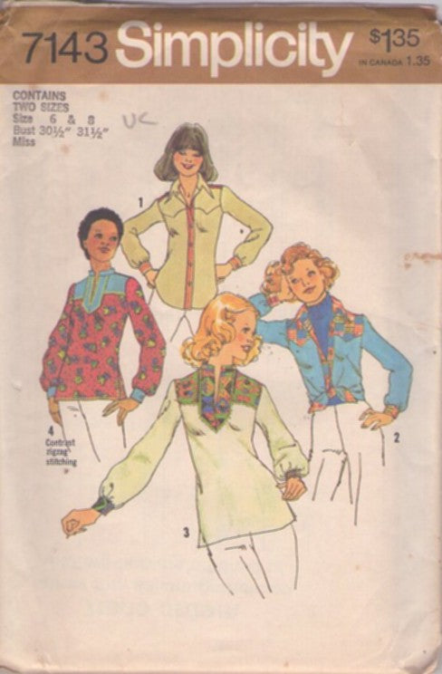Simplicity 7143 Vintage 70's Sewing Pattern Hippie Shirts, Boho Dashiki Style Pullover Top, Shirt, Western Yoked Blouse 4 Styles Size 6-8 UNCUT