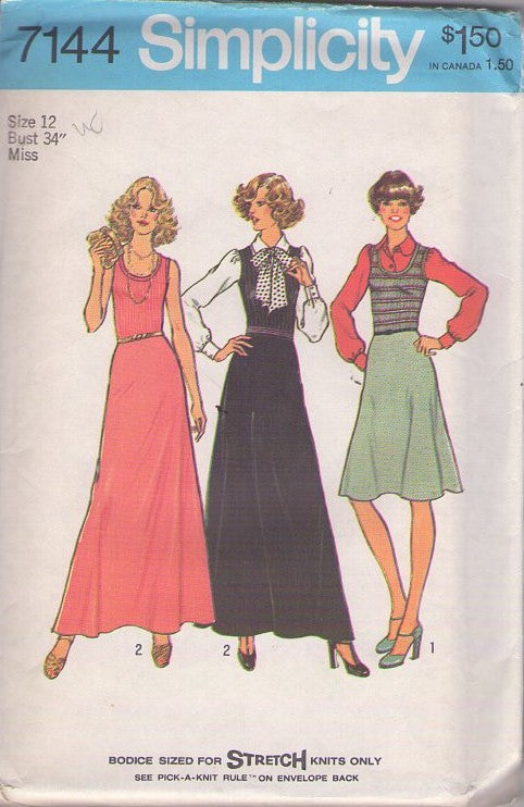 Simplicity 7144 Vintage 70's Sewing Pattern Hostess Dress, Scoop Neck Contrast Bodice Disco Party Dress, Secretary Jumper & Blouse Set Size 12