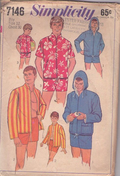 Simplicity 7146 Vintage 60's Sewing Pattern Boys' Swim Trunks, Cabana Jacket, Beatnik Beach Wear, Retro Zip Up Beatles Jacket, Swim Shorts, Bathing Suit & Cover Up Size 12