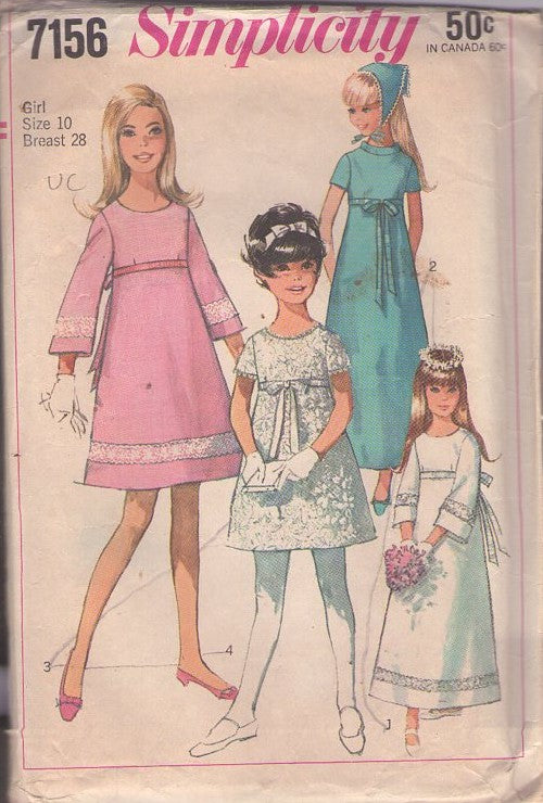 Simplicity 7156 Vintage 60's Sewing Pattern Girl's Party Dress Set, Sheer Lace or Lacy Band Trim First Communion Dress, Mod Bell Sleeve Fancy Dress & Scarf Size 10
