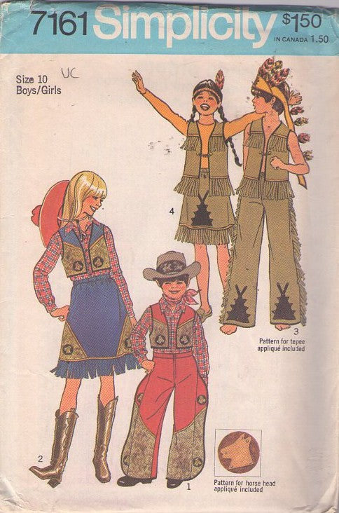 Simplicity 7161 Vintage 70's Sewing Pattern Character Costumes, Historic Cowboys & Indians Native American Fringe Vest Jacket, Skirt, Vest, Chaps, Horse Head Applique Size 10