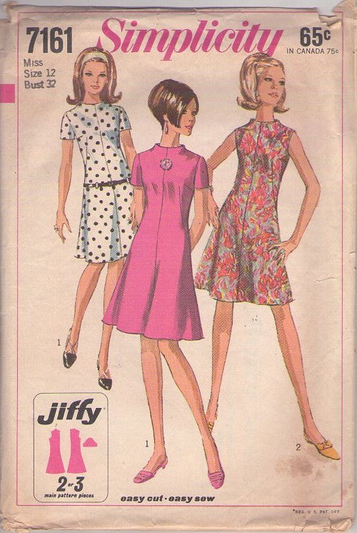 Simplicity 7161 Vintage 60's Sewing Pattern Mod Dress, Twiggy, Fit & Flared Stand Up Funnel Neck Dart Fit Secretary Dress, 2 Styles Size 12