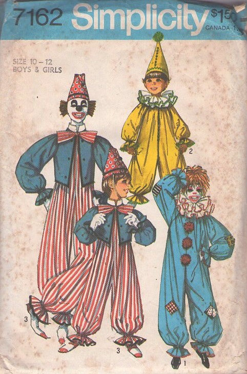 Simplicity 7162 Vintage 70's Sewing Pattern Clown Costumes, Cirque De Soleil Circus Clowns Jumpsuit, Ringmaster Jacket, Neck Ruff & Hat Killer Klowns from Outer Space Size Child's 10-12