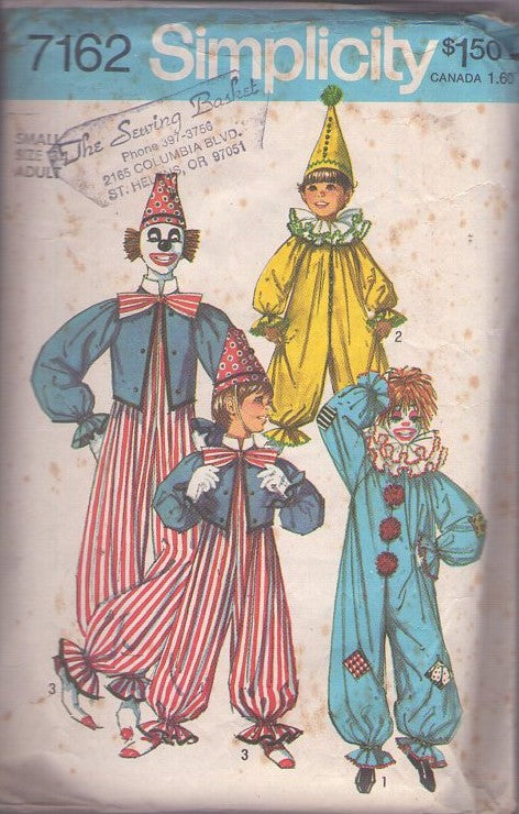 Simplicity 7162 Vintage 70's Sewing Pattern Clown Costumes, Cirque De Soleil Circus Clowns, Jumpsuit, Ringmaster Jacket, Neck Ruff & Hat Killer Klowns from Outer Space Size Adult S