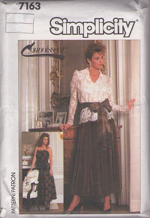 Simplicity 7163 Vintage 80's Sewing Pattern Connoisseur Evening Wear, Lace Camisole Top, Full Flared Skirt, Lacy Jacket Top & Sash Size 10