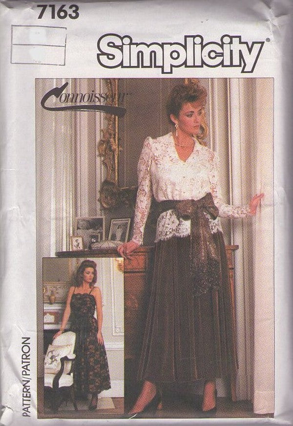 Simplicity 7163 Vintage 80's Sewing Pattern Connoisseur Evening Wear, Lace Camisole Top, Full Flared Skirt, Lacy Jacket Top & Sash Size 12