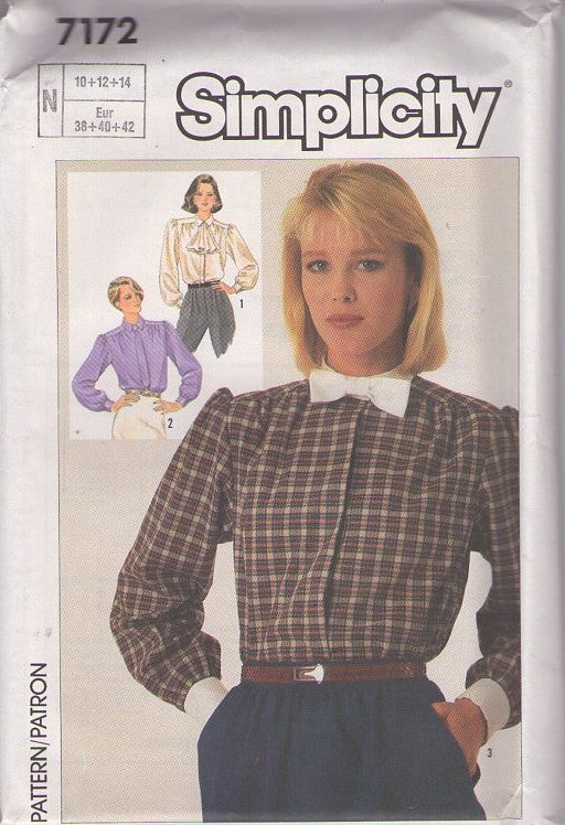 Simplicity 7172 Vintage 80's Sewing Pattern Modest Blouses, Retro Secretary Suit Blouse Set, Jabot or Bow Tie Size 6-10