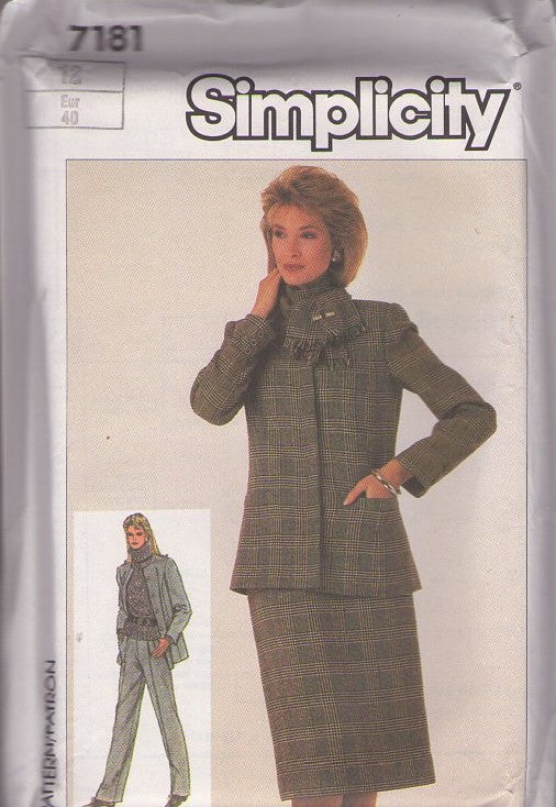 Simplicity 7181 Vintage 80's Sewing Pattern Suit Separates, Blazer Jacket, Skirt, Pants & Scarf Size 12
