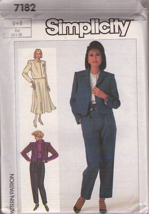 Simplicity 7182 Vintage 80's Sewing Pattern Suit Separates, Petite, Secretary Boxy Short Jacket, Flared Skirt, Cropped Pleated Trousers, Pants Size 6-8