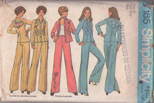 Simplicity 7185 Vintage 70's Sewing Pattern Hippie Pantsuit, Nailhead Trim or Scenic Embroidery Denim Shirt Jacket Blouse & Fly Front Slacks Size 10