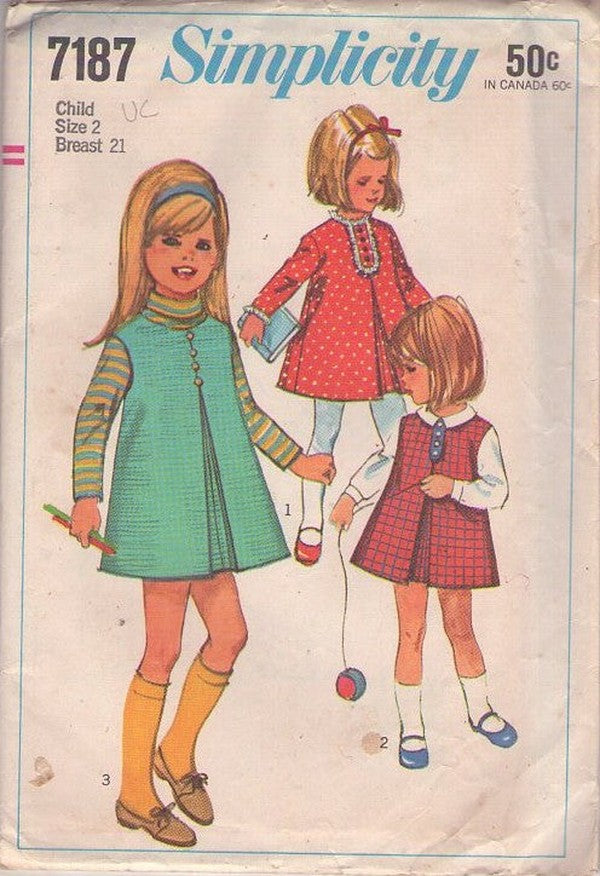 Simplicity 7187 Vintage 60's Sewing Pattern Toddler Girls' Dress, Inverted Front Pleat, Jumper, Mod Styles Size 2