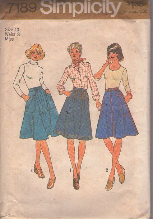 Simplicity 7189 Vintage 70's Sewing Pattern Denim Skirts, Flared Skirt, Contrast Stitch Trim and LONG Pockets, Wrap Around Flap Pocket Skirt Size 10