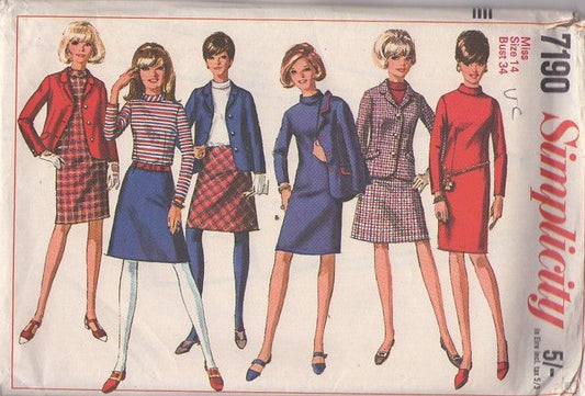 Simplicity 7190 Vintage 60's Sewing Pattern Mod Separates, Twiggy A-Line Skirt, Slim Dress or Blouse, Jacket Size 14