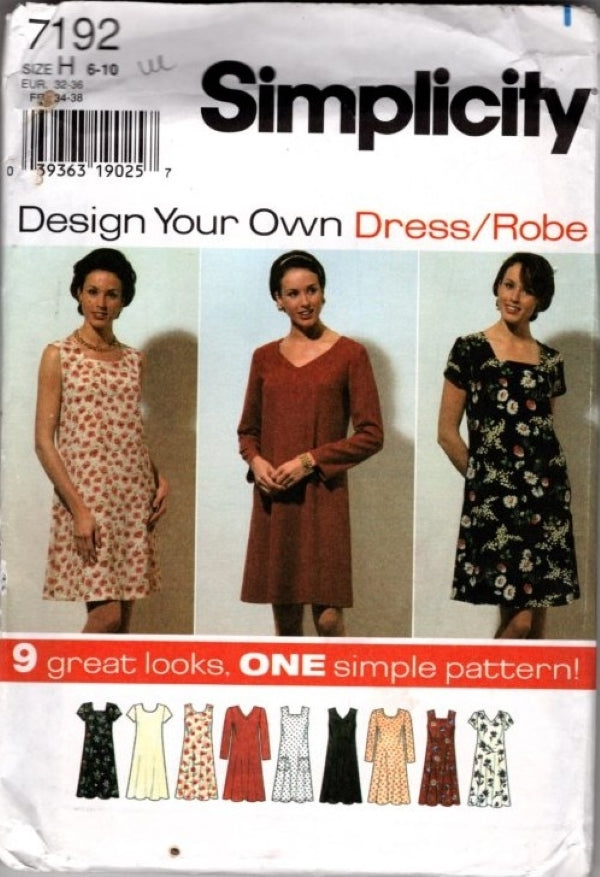 Simplicity 7192 Retro 90's Sewing Pattern 9 Great Looks Design Your Own Dress, Easy to Sew, Modest, Flared Loose Fit Size 6-10