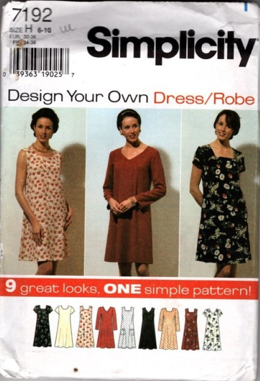 Simplicity 7192 Retro 90's Sewing Pattern 9 Great Looks Design Your Own Dress, Easy to Sew, Modest, Flared Loose Fit Size 6-10
