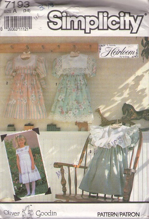 Simplicity 7193 Vintage 90's Sewing Pattern Girl's Formal Dress, Designer Oliver Goodin, Classic Heirloom, Cottagecore, 4 Styles Size 3-8