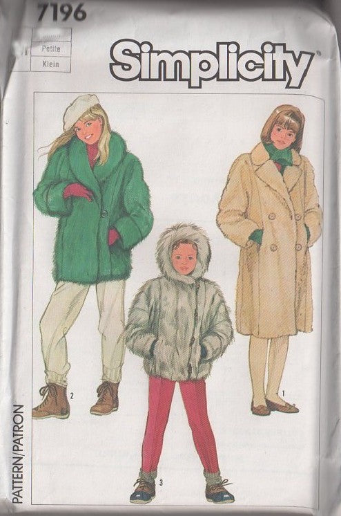Simplicity 7196 Vintage 80's Sewing Pattern Girl's Coats, Jackets, New Wave Era Faux Fake Fur Jacket, Double Breasted Coat Set Size S