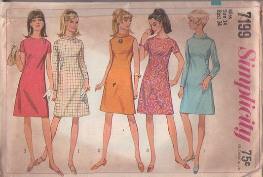 Simplicity 7199 Vintage 60's Sewing Pattern Mod Dresses, Twiggy Roll Collar High Yoke Interest Day Dress 3 Styles Size 14