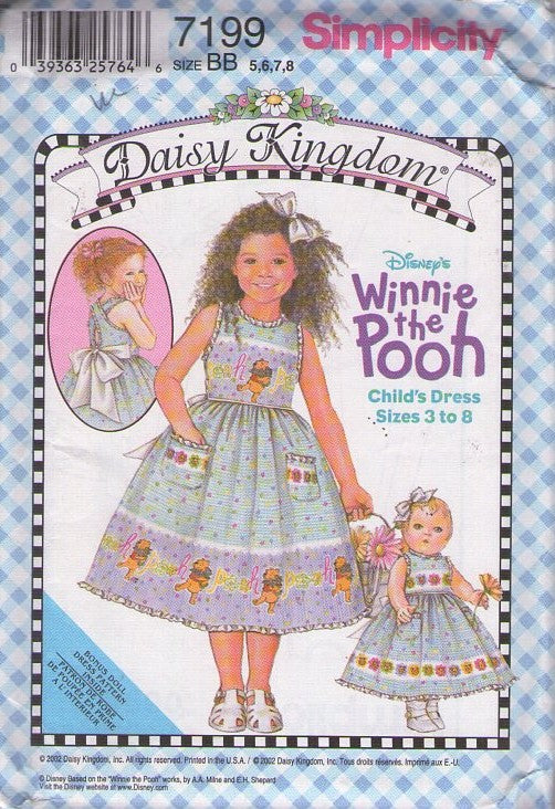 Simplicity 7199 Retro 2002 Sewing Pattern Girl's & Doll Dress, Daisy Kingdom Disney's Winnie The Pooh, Cottagecore Peekaboo Back Dress, Matching 18 Doll Outfit Size 5-8"