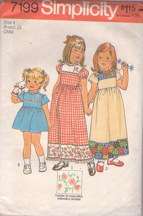 Simplicity 7199 Vintage 70's Sewing Pattern Girl's Dress Set, Yoked & Bordered Skirt with Embroidery School Dress or Long Gown Size 4