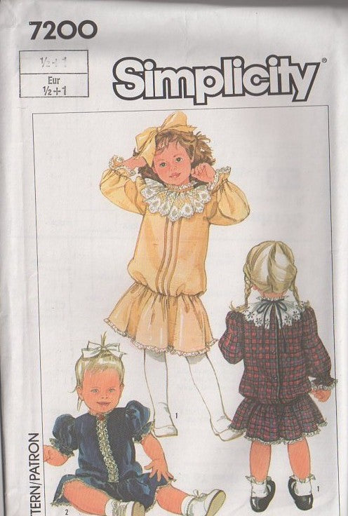 Simplicity 7200 Vintage 80's Sewing Pattern Girl's Dress Set. Victorian Great Gatsby Style, Drop Waist Blouson Party Dress, 3 Styles Size 1/2-1
