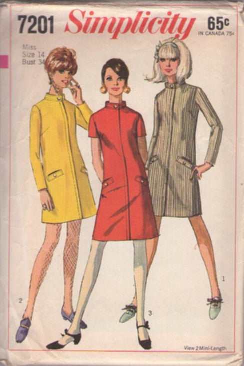 Simplicity 7201 Vintage 60's Sewing Pattern Mod Dress Set, Space Age, Stand Up Nehru Collar Hidden Zipper Front Dress, 3 Styles Size 10