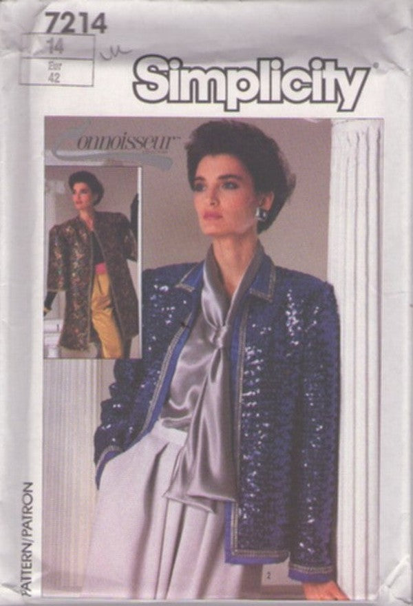 Simplicity 7214 Vintage 80's Sewing Pattern Bling Jackets, Avant Garde, Connoisseur Holiday Party, Sequin & Satin Fancy Jacket, Cover Up Oversized Coat Like Stenay & Kazar Size 14