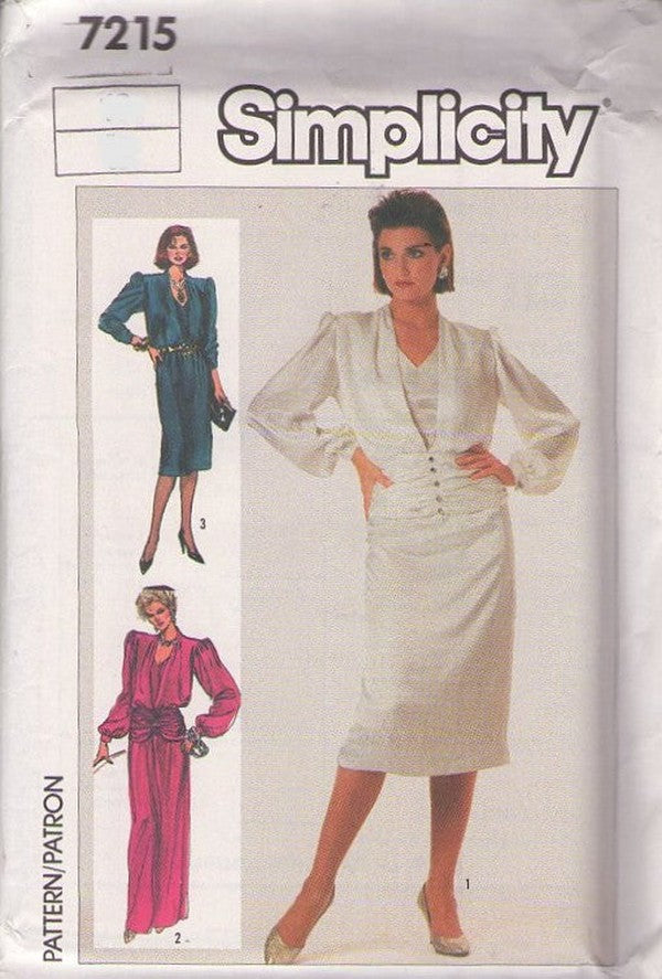 Simplicity 7215 Vintage 80's Sewing Pattern Evening Gowns, Dynasty Avant Garde V Neck Camisole, Draped Ruched Hip Cocktail Dress, Evening Gown Size 14