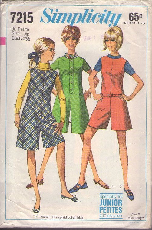 Simplicity 7215 Vintage 60's Sewing Pattern Mod Jumpsuit, Split Skirt Jumper, Pantdress, Pantjumper, Romper 3 Styles Size 9JP