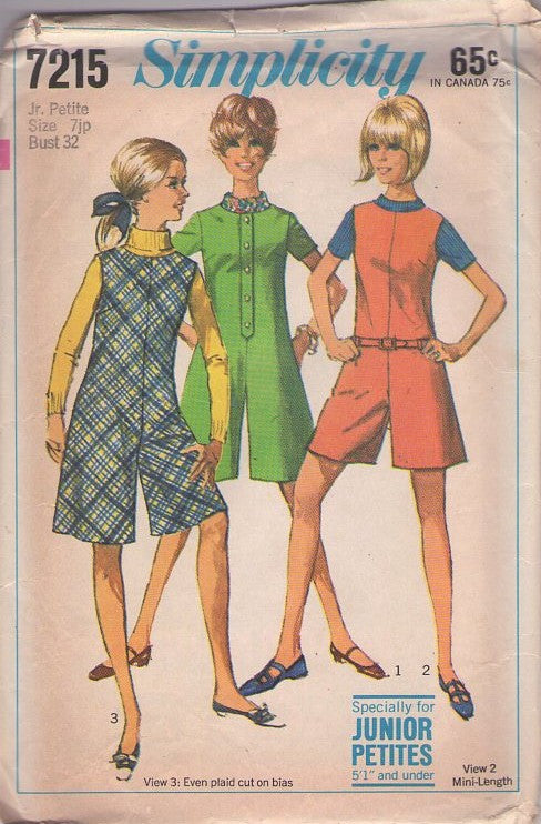 Simplicity 7215 Vintage 60's Sewing Pattern Mod Jumpsuit, Split Skirt Jumper, Pantdress, Pantjumper, Romper 3 Styles Size 7JP