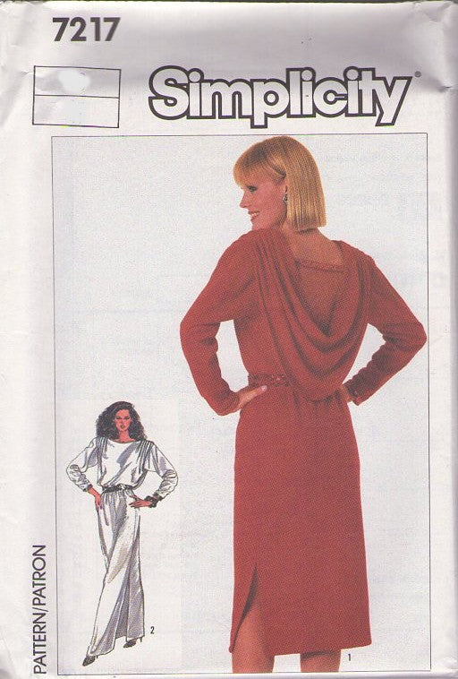 Simplicity 7217 Vintage 80's Sewing Pattern Party Dress, Sequin Trim Dipped Draped Back Evening Gown, Party Dress, Size 10