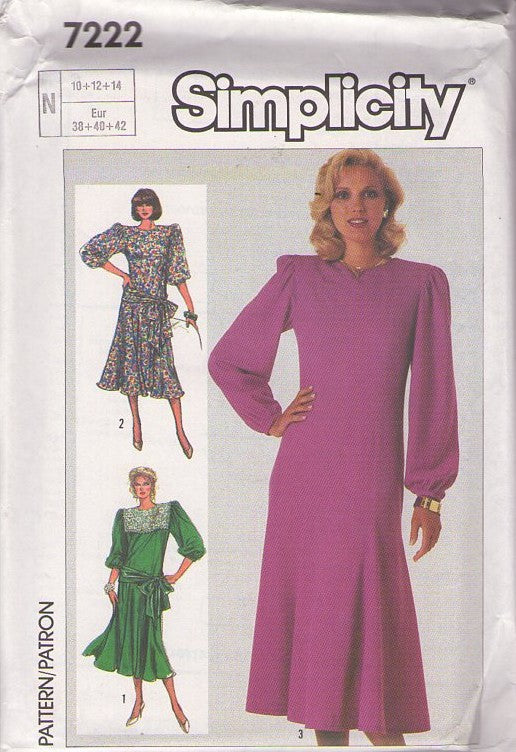 Simplicity 7222 Vintage 80's Sewing Pattern Party Dress, Lace Collar Fit & Flared Swinging Hem 20s Victorian Look Garden Party Dress, Drop Waist Sash Belt Size 10-14
