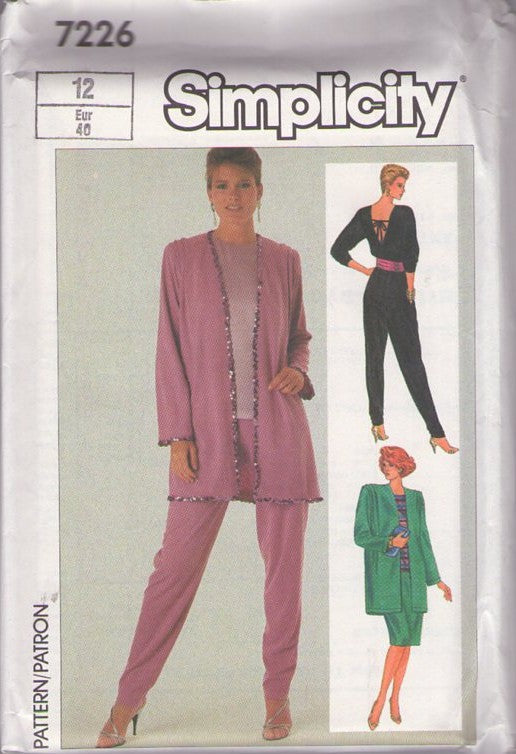 Simplicity 7226 Vintage 80's Sewing Pattern Pantsuit Separates, Back Dip & Tie Blouse, Top, Skirt, Pants & Oversized Coat Size 12