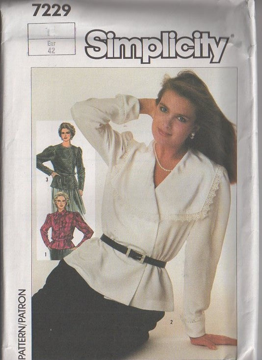 Simplicity 7229 Vintage 80's Sewing Pattern Romantic Blouse Set, 2 Length Modest Suit Blouse, Double Breasted Blouse Set Size 10