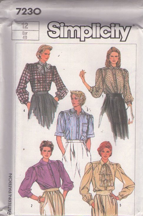 Simplicity 7230 Vintage 80's Sewing Pattern Modest Blouses, Secretary Button Up Blouse, Shirt Set, Collar & Sleeve Options Size 12