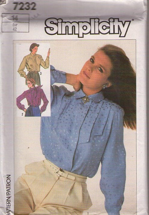 Simplicity 7232 Vintage 80's Sewing Pattern Secretary Blouse, Hidden Button Band, Pleats, 3 Styles Size 14
