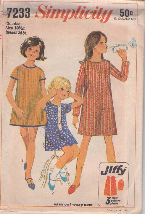 Simplicity 7233 Vintage 60's Sewing Pattern Girl's Half Size Dress, Chubbies, Easy Jiffy Flared Mod Brady Bunch School Dress, 3 Styles Size 10.5