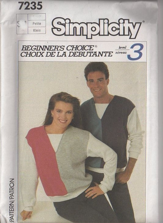Simplicity 7235 Vintage 80's Sewing Pattern Mens' and Womens' Tops, Beginners Choice Color Block Colorblock Pullover Sweatshirt, Top Size M
