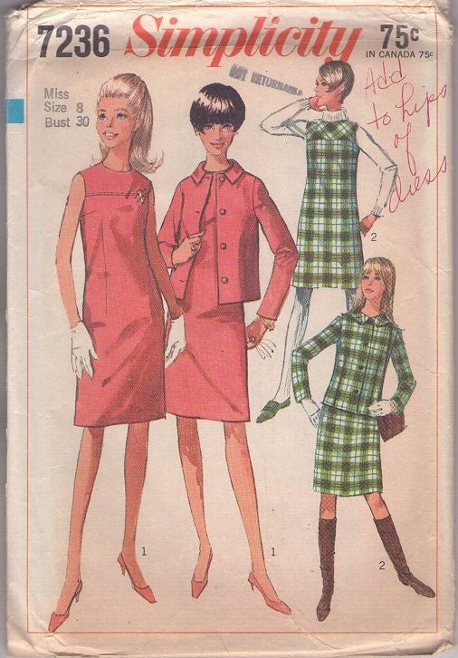 Simplicity 7236 Vintage 60's Sewing Pattern Mod Suit Dress, Twiggy Carnaby Street Fashions High Yoked Dress & Suit Jacket Size 8